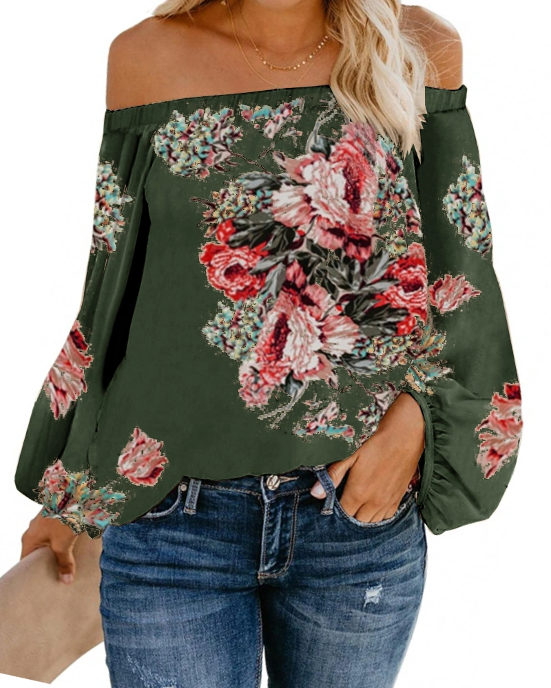 Valphsio Womens Oversized Floral Blouse Off Shoulder Lantern Sleeves Chiffon Flowy Tops