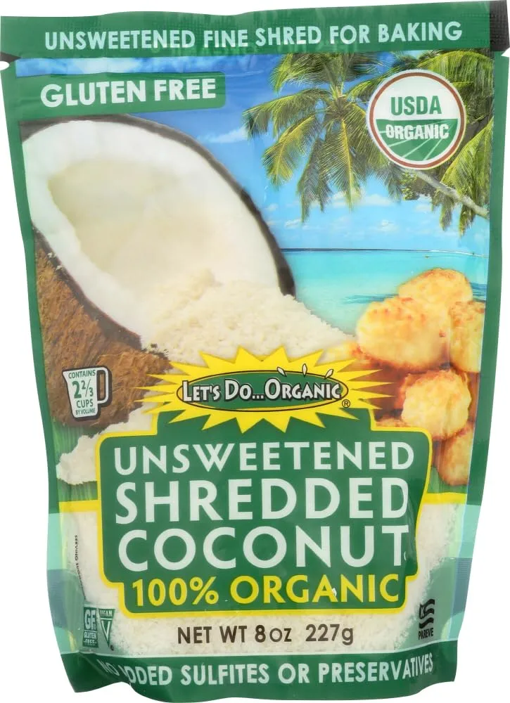 Let's Do Organic Unsweetened Coconut Shredded, Fine Shred, 8 oz (2 Pack)