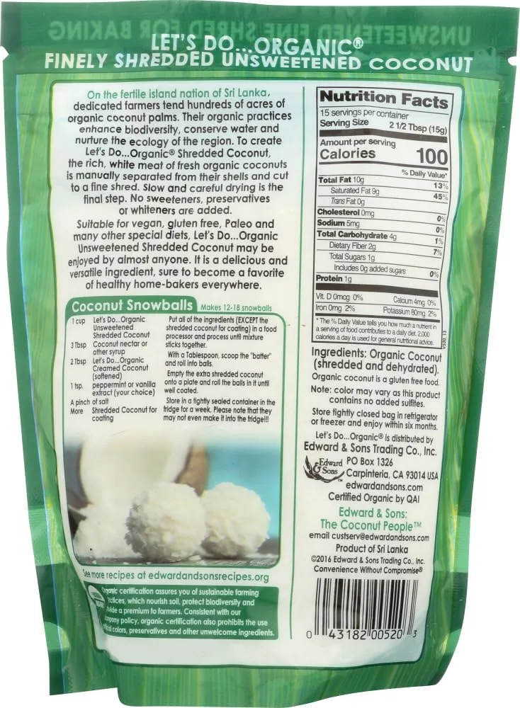 Let's Do Organic Unsweetened Coconut Shredded, Fine Shred, 8 oz (2 Pack)