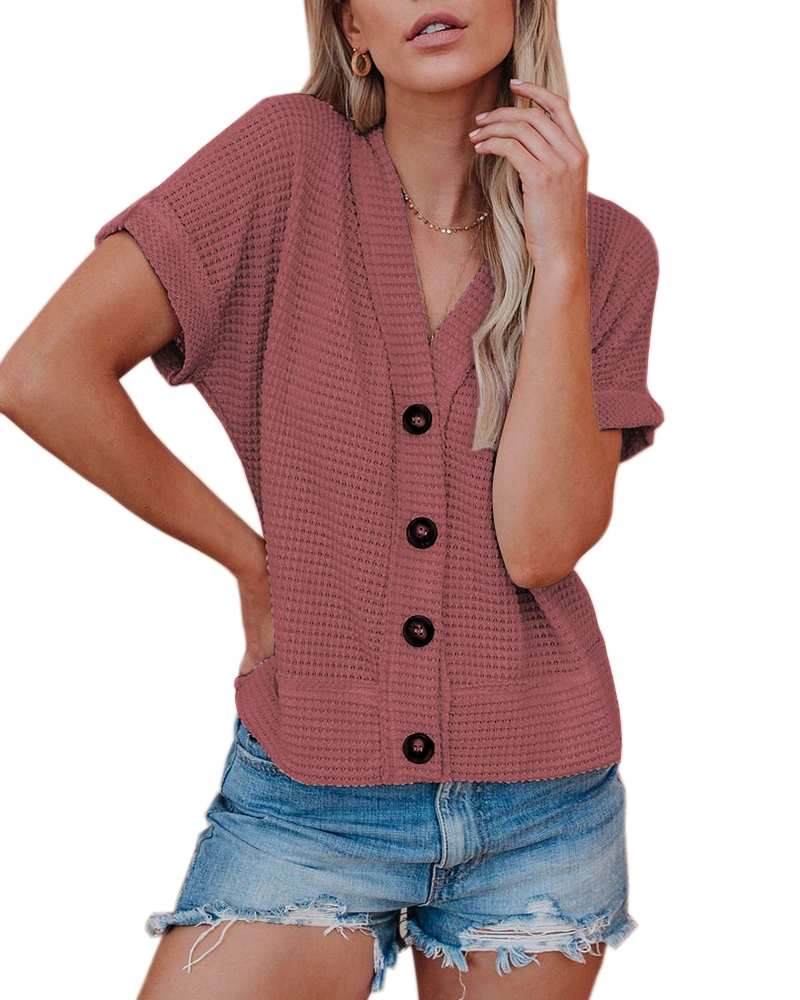 Womens V Neck Waffle Knit Button Cardigan Henley Tee Shirts Short Bat Sleeve Tops Rolled Sleeve Casual Loose Soild Flowy