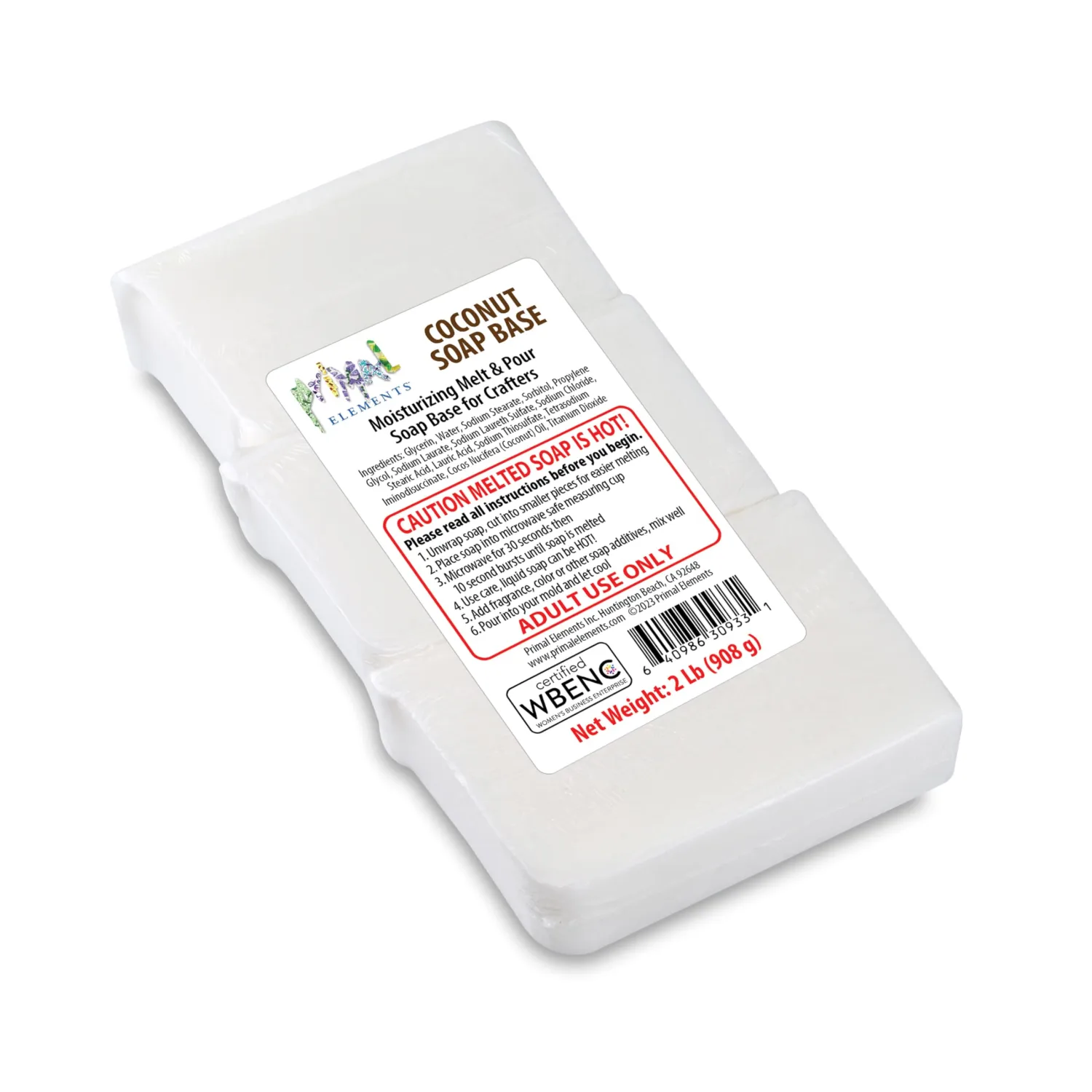 Primal Elements Coconut Oil Soap Base - Moisturizing Melt and Pour Glycerin Soap Base for Crafting and Soap Making, Vegan, Cruelty Free, Easy to Cut - 2 Pound