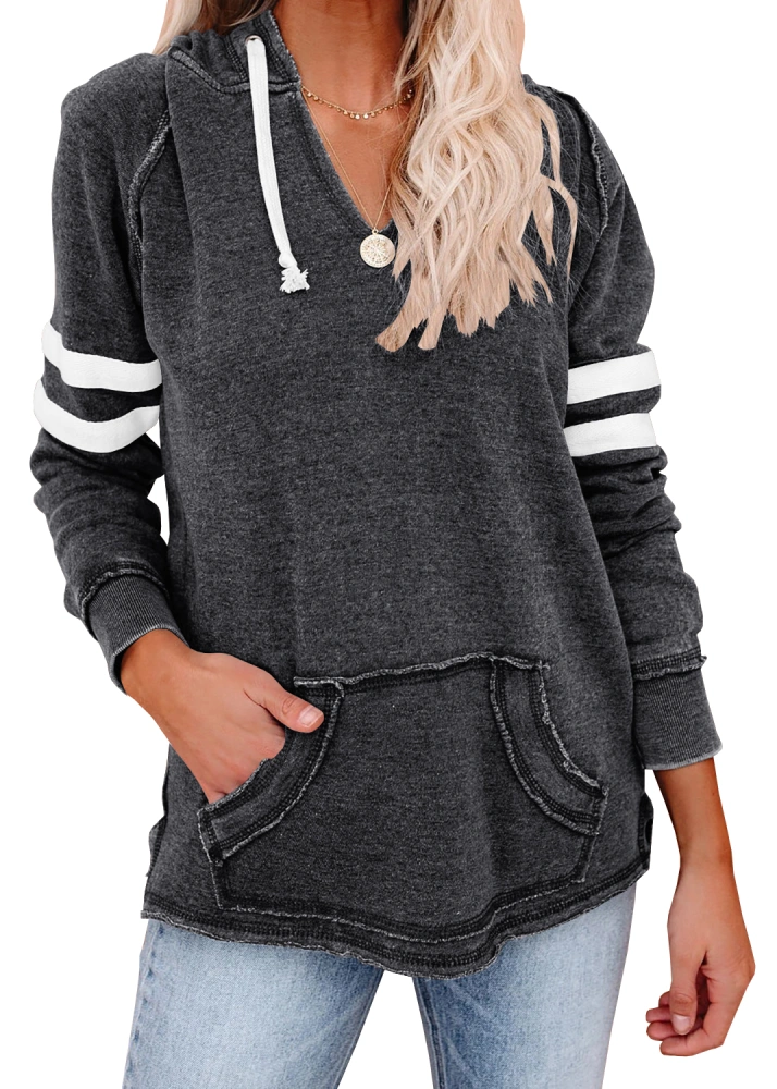 Womens V Neck Hoodies with Pockets Long Sleeve Striped Pullover Tops Sweatshirt