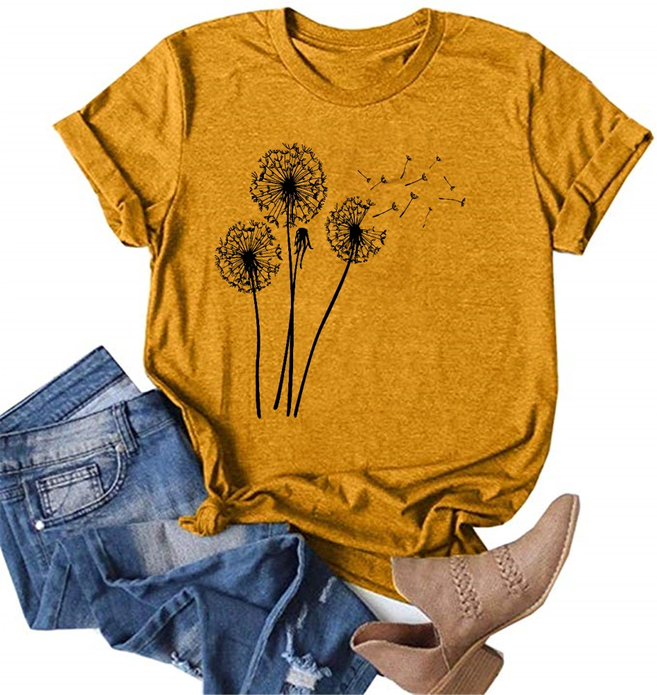 MaQiYa Womens Cute Make A Wish Dandelion Printed Tee Shirts Summer Cotton Vintage Graphic Tees Tops