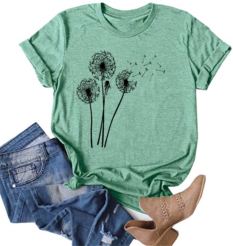 MaQiYa Womens Cute Make A Wish Dandelion Printed Tee Shirts Summer Cotton Vintage Graphic Tees Tops