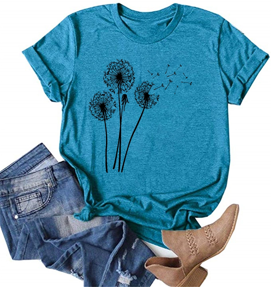 MaQiYa Womens Cute Make A Wish Dandelion Printed Tee Shirts Summer Cotton Vintage Graphic Tees Tops