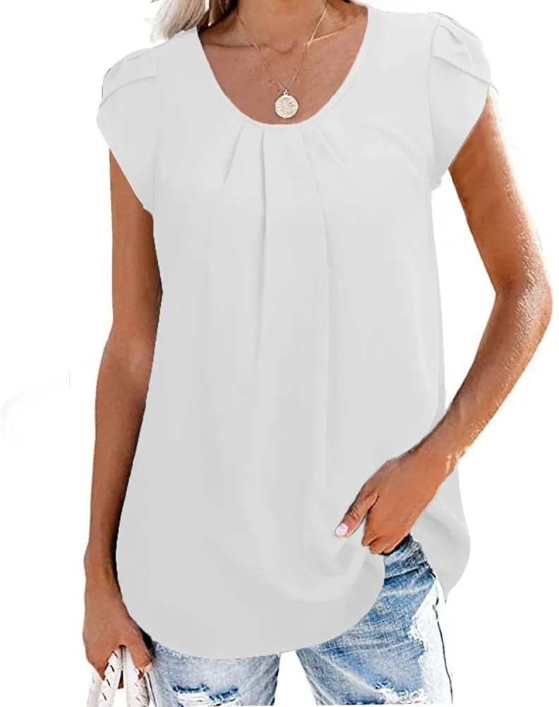 Womens Pleated Short Cap Sleeve Tshirt Summer Crew Neck Casual Loose Fit Basic Elegant Tops Blouse