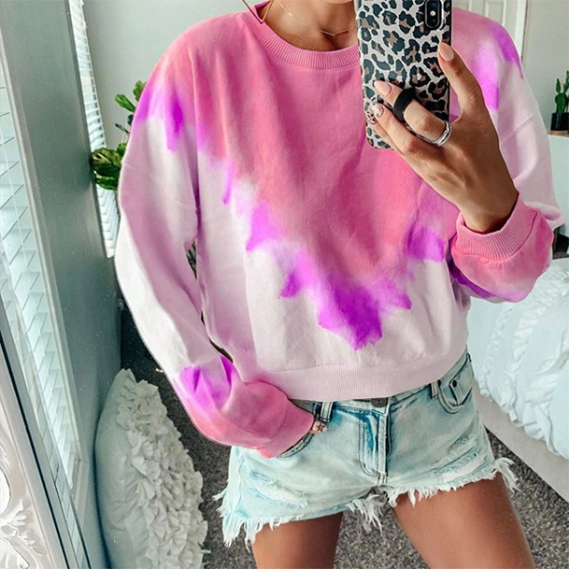 MaQiYa Womens Tie Dye Print Cropped Tops Sweatshirts Crewneck Casual Batwing Long Sleeve Pullovers Shirts