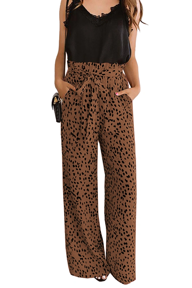 SySea Womens High Waisted Leopard Print Palazzo Pants Belted Wide Leg Long Trousers with Pockets