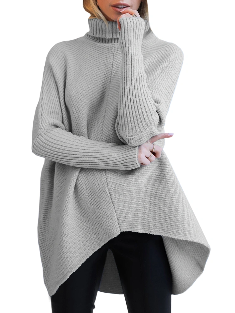 Nulibenna Womens Turtleneck Long Batwing Sleeve Knit Sweater Asymmetric Hem Chunky Pullover Winter Ribbed Tops