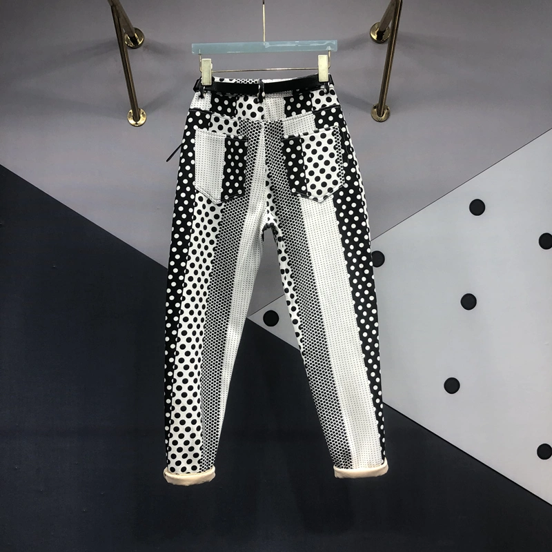 Women's Versatile Polka Dot Printed And Dyed Denim Trousers