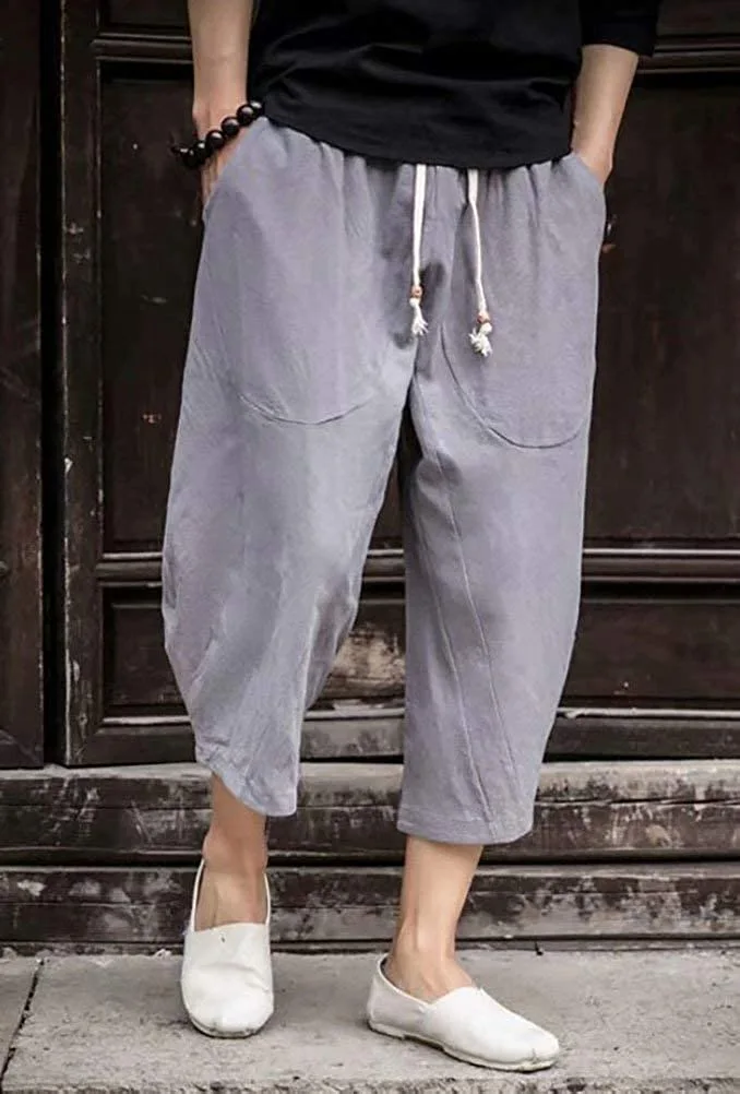 PASLTER Mens Casual Baggy Capri Pants Elastic Waist Linen Lightweight Loose Summer Trousers