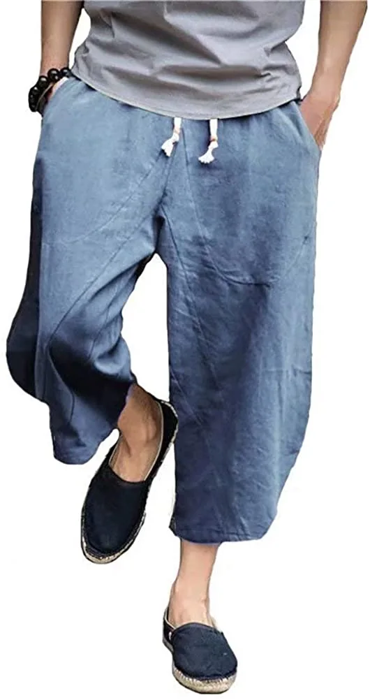 PASLTER Mens Casual Baggy Capri Pants Elastic Waist Linen Lightweight Loose Summer Trousers