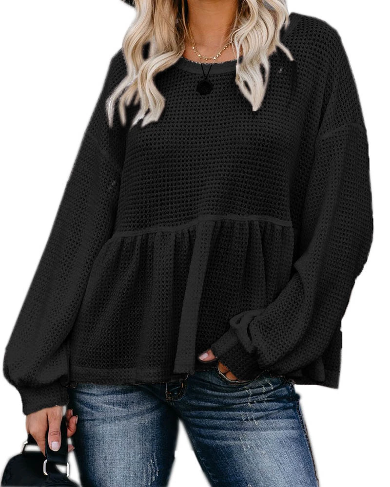 Womens Waffle Knit Shirts Long Sleeve Peplum Ruffled Layered Hem Blouse Tops