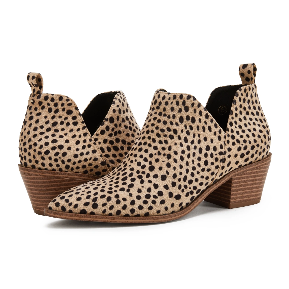 LAICIGO Womens Chunky Stacked Low Heel Ankle Boots V Cut Pointed Toe Animal Print Chelsea Booties