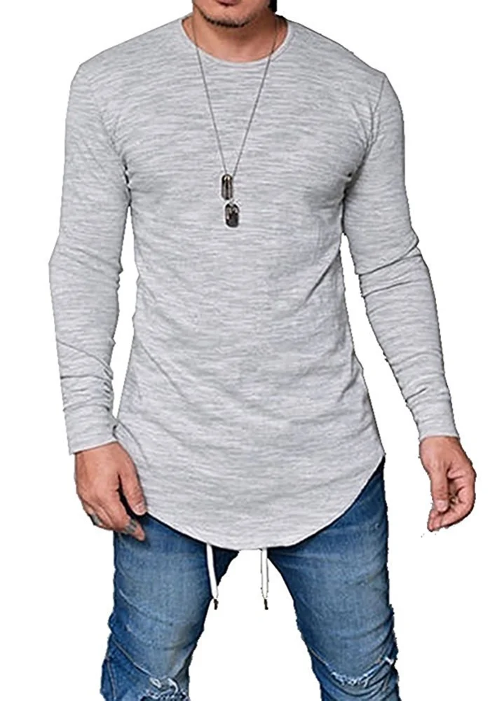 Makkrom Mens Long Sleeve T Shirts Hippie Solid Slim Basic Stretchy Long Line Tee Tops