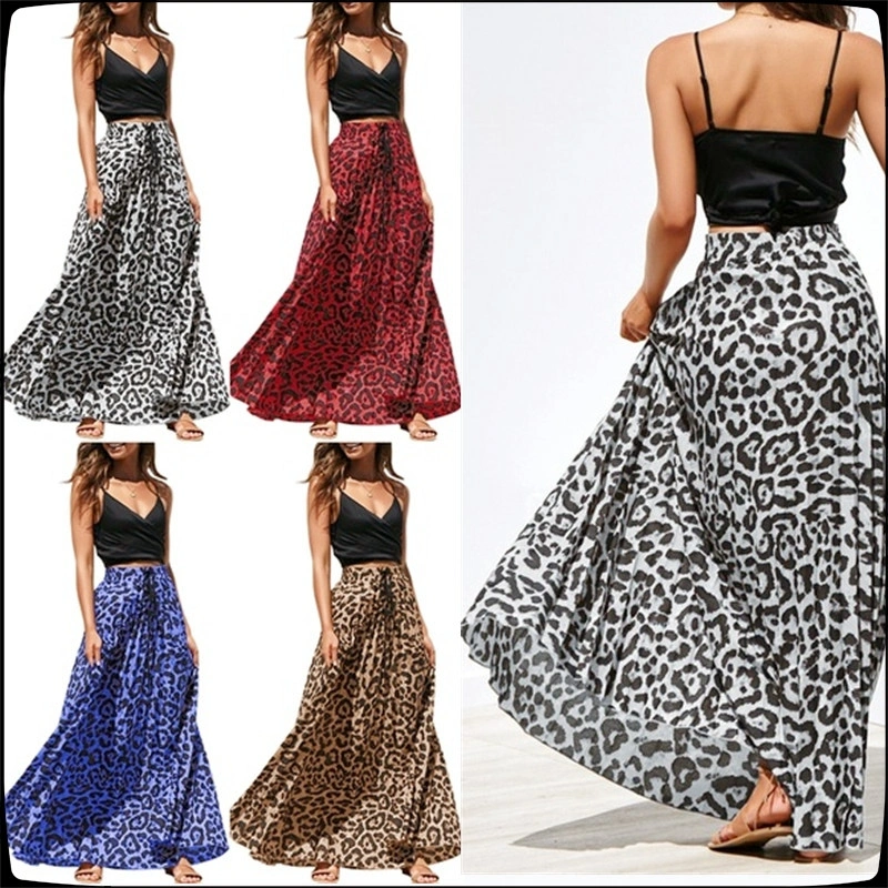 Womens Maxi Skirt Leopard Print Chiffon Beach Pleated High Waisted A-Line Long Skirts