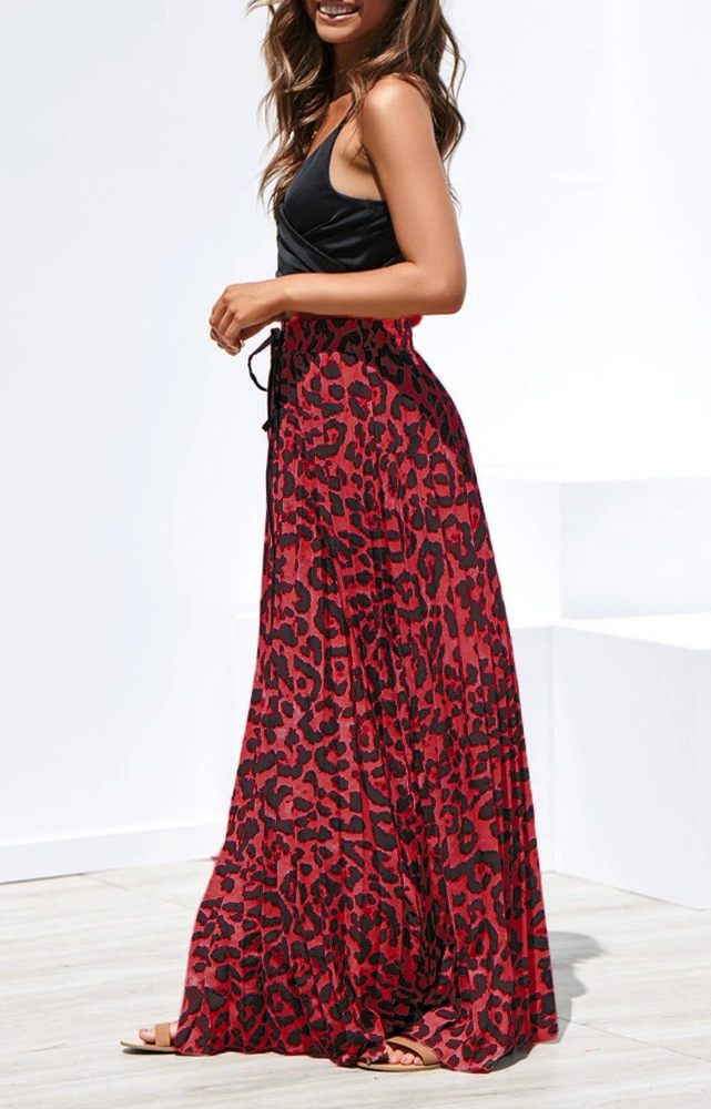 Womens Maxi Skirt Leopard Print Chiffon Beach Pleated High Waisted A-Line Long Skirts