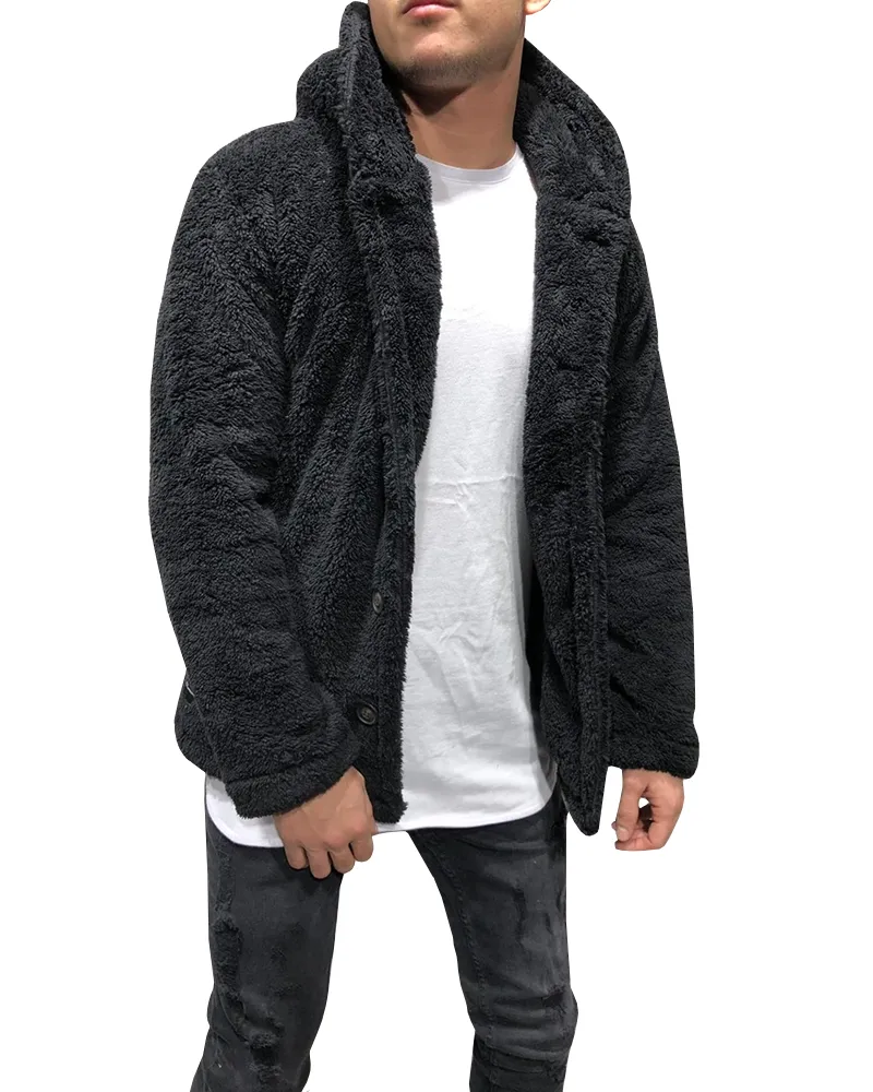 Mens Fuzzy Sherpa Jacket Hoodie Fluffy Fleece Open Front Cardigan Button Down Soft Coat Fall Outwear with Pocket