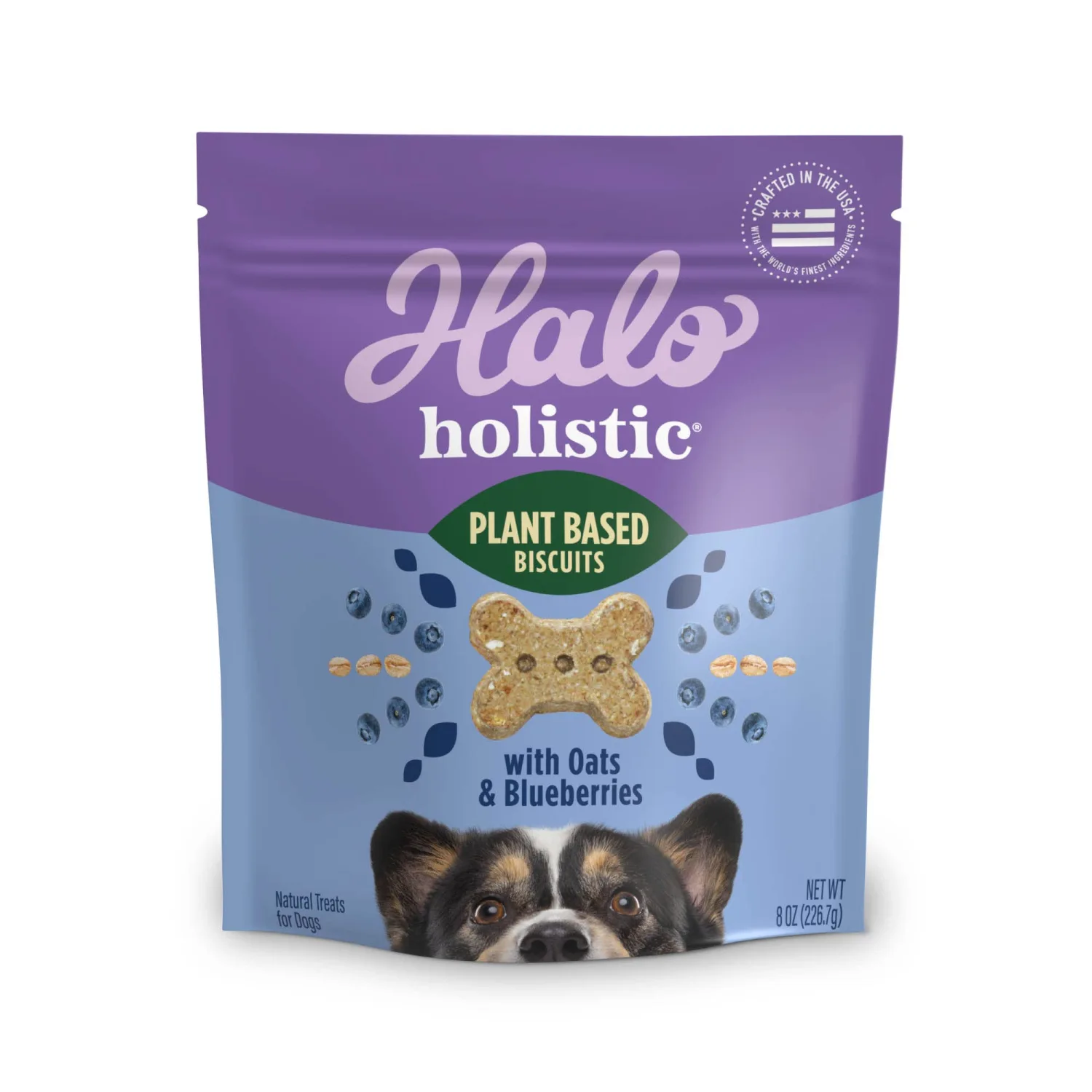Halo Plant-Based Dog Treats with Oats and Blueberries, Vegan Dog Treat Pouch, 8oz bag