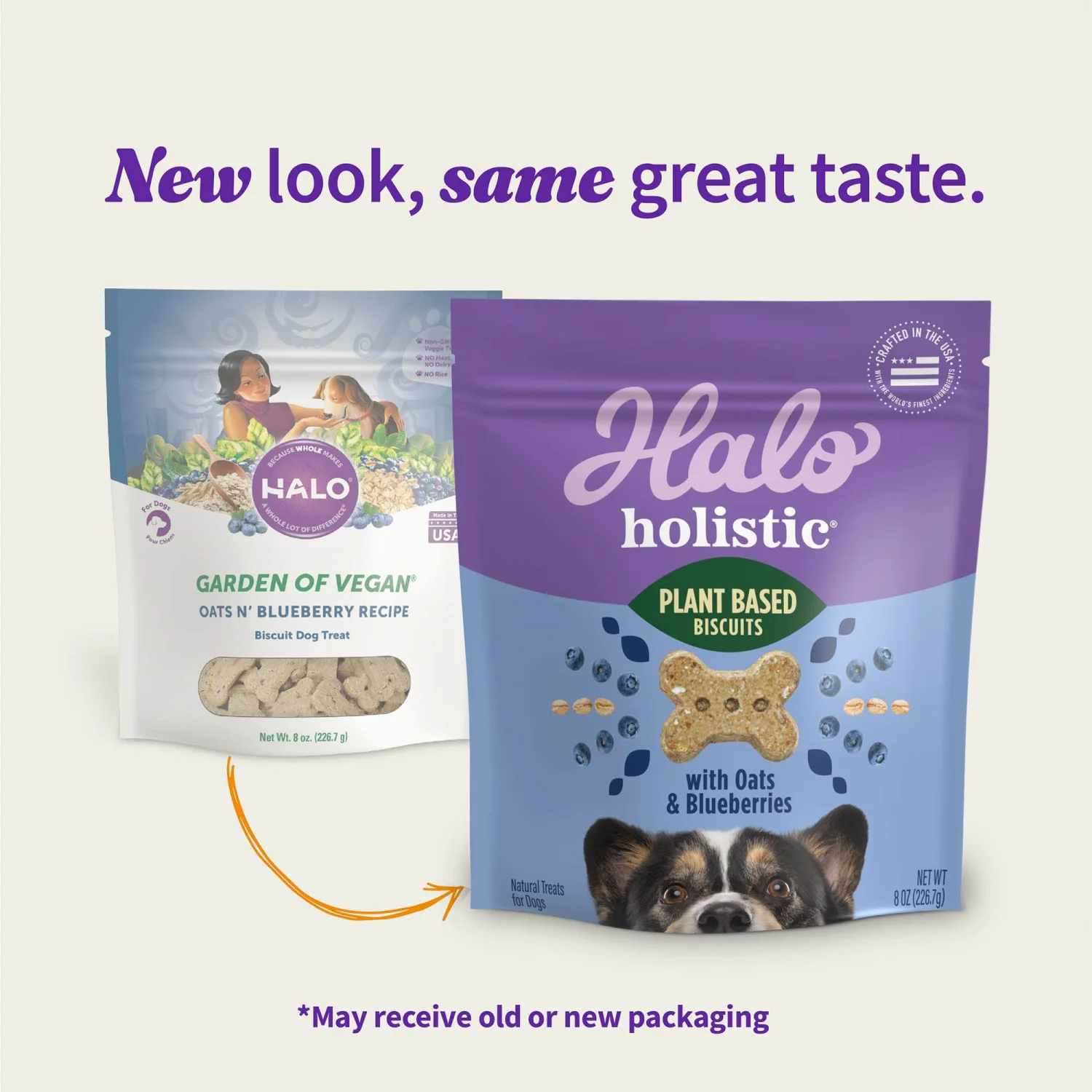 Halo Plant-Based Dog Treats with Oats and Blueberries, Vegan Dog Treat Pouch, 8oz bag