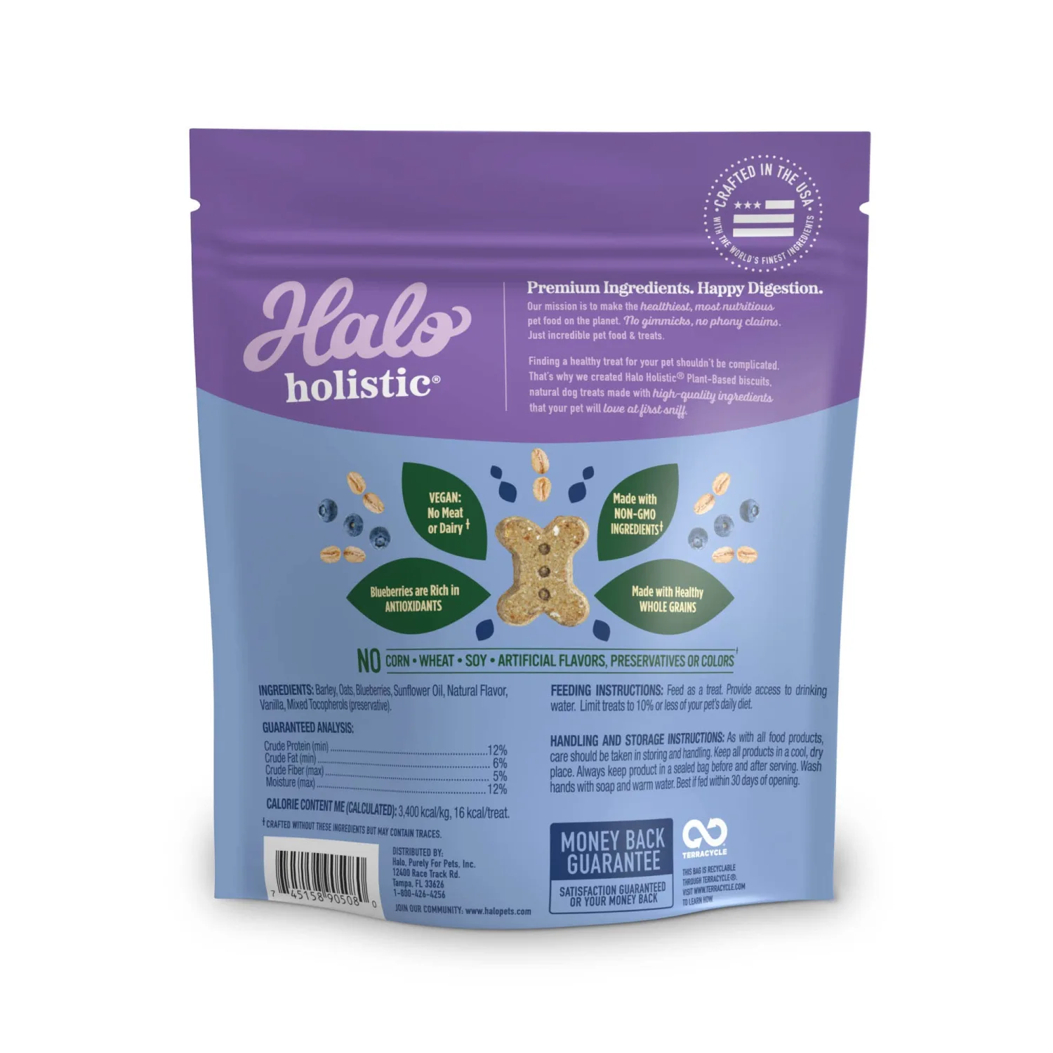 Halo Plant-Based Dog Treats with Oats and Blueberries, Vegan Dog Treat Pouch, 8oz bag
