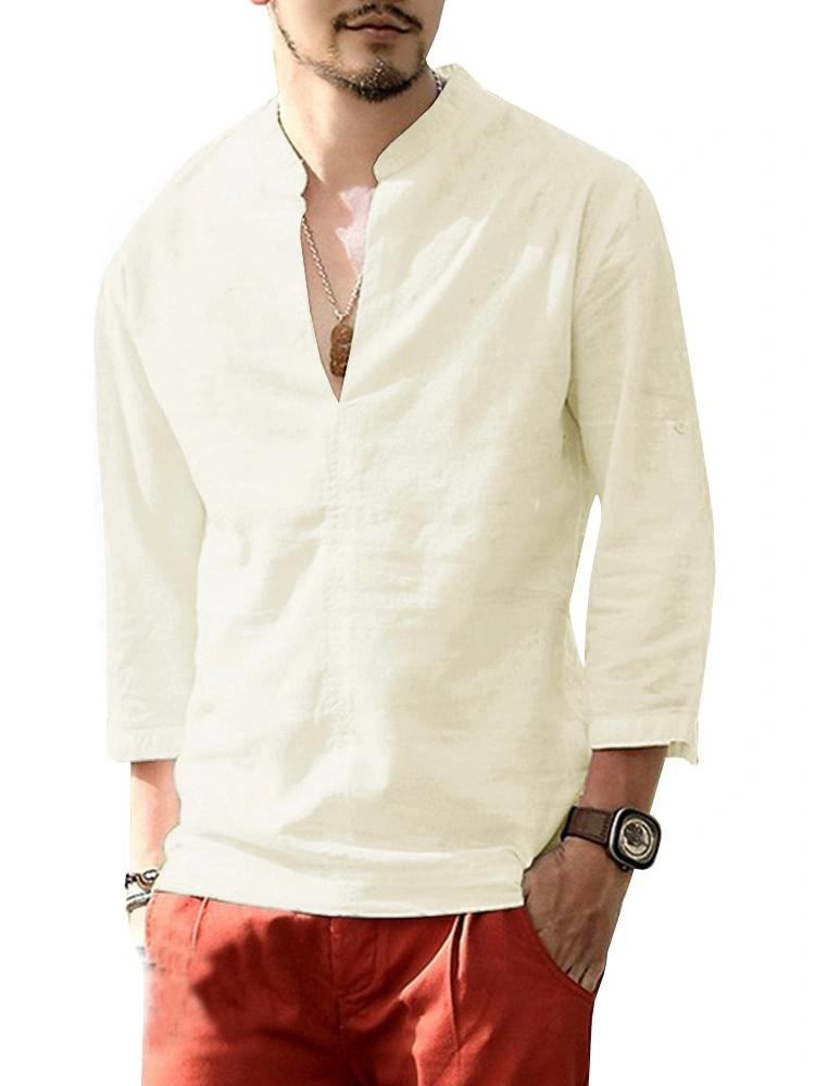 Gemijacka Hemd Herren Leinenhemd Herren Freizeithemd Henley 3/4 脛rmell盲nge Regular Fit Kragenloses Shirt (GE-1982-H)