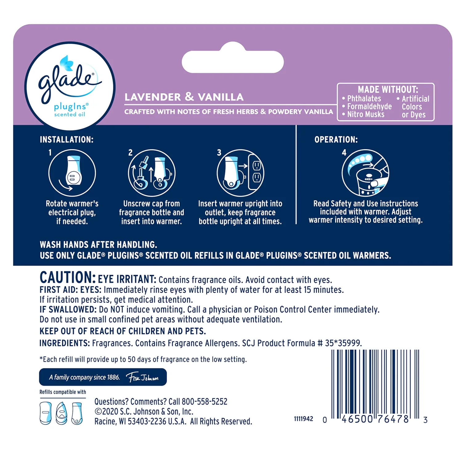 Glade PlugIns Refills Air Freshener, Scented and Essential Oils for Home and Bathroom, Lavender & Vanilla, 2.01 Fl Oz, 3 Count