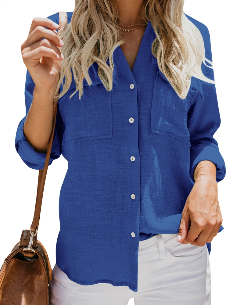 Womens Button Down V Neck Shirts Long Sleeve Blouse Roll Up Cuffed Sleeve Casual Work Plain Tops with Pockets