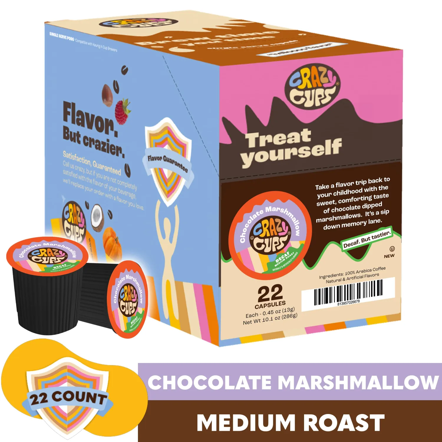 Crazy Cups Decaf Marshmallow Coffee Pods, Decaffeinated Chocolate Marshmallows Flavored Coffee, Single Serve Hot or Iced Medium Roast Coffee for Keurig K Cups Machines, 22 Count