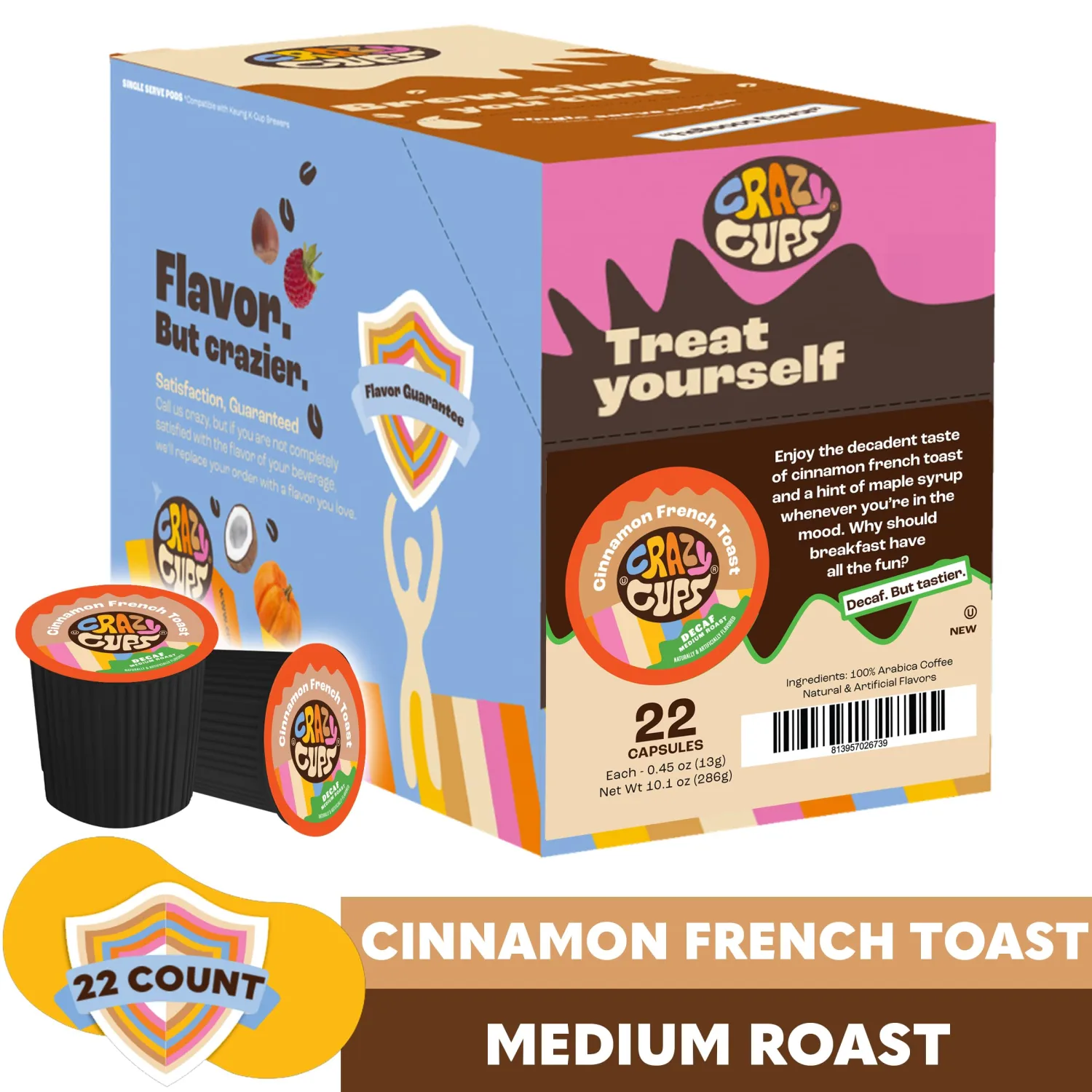 Crazy Cups Decaf Flavored Coffee Pods, Decaffeinated Cinnamon French Toast Flavored Coffee, Single Serve Hot or Iced Medium Roast Coffee for Keurig K Cups Machines(Pack of 1, 22 Count Total)