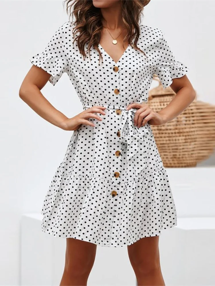 SAIKESIGIRL Womens Polka Dot Button Down Dress Boho Short Sleeve Ruffle Mini Dresses with Belt