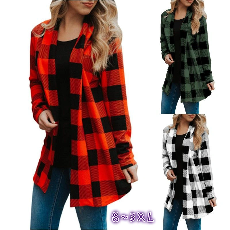 Womens Buffalo Plaid Long Sleeve Plus Size Open Front Elbow Patch Cardigans