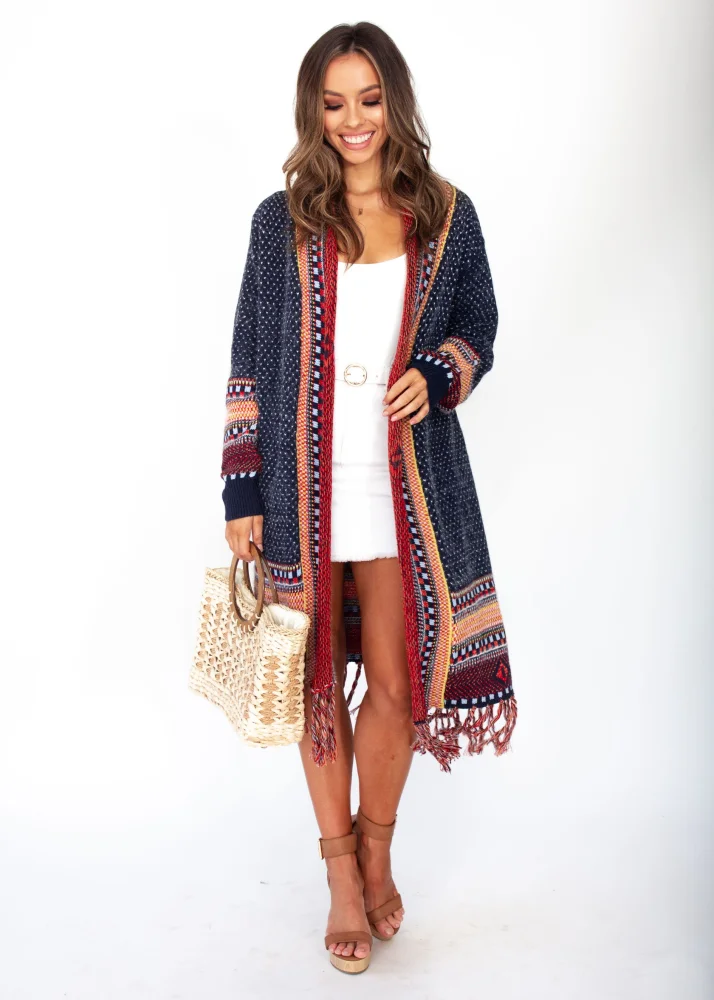 FERBIA Women Boho Cardigan Sweater Long Open Front Maxi Knit Sweaters Aztec Tribal Tassel Fringe Thin Coat