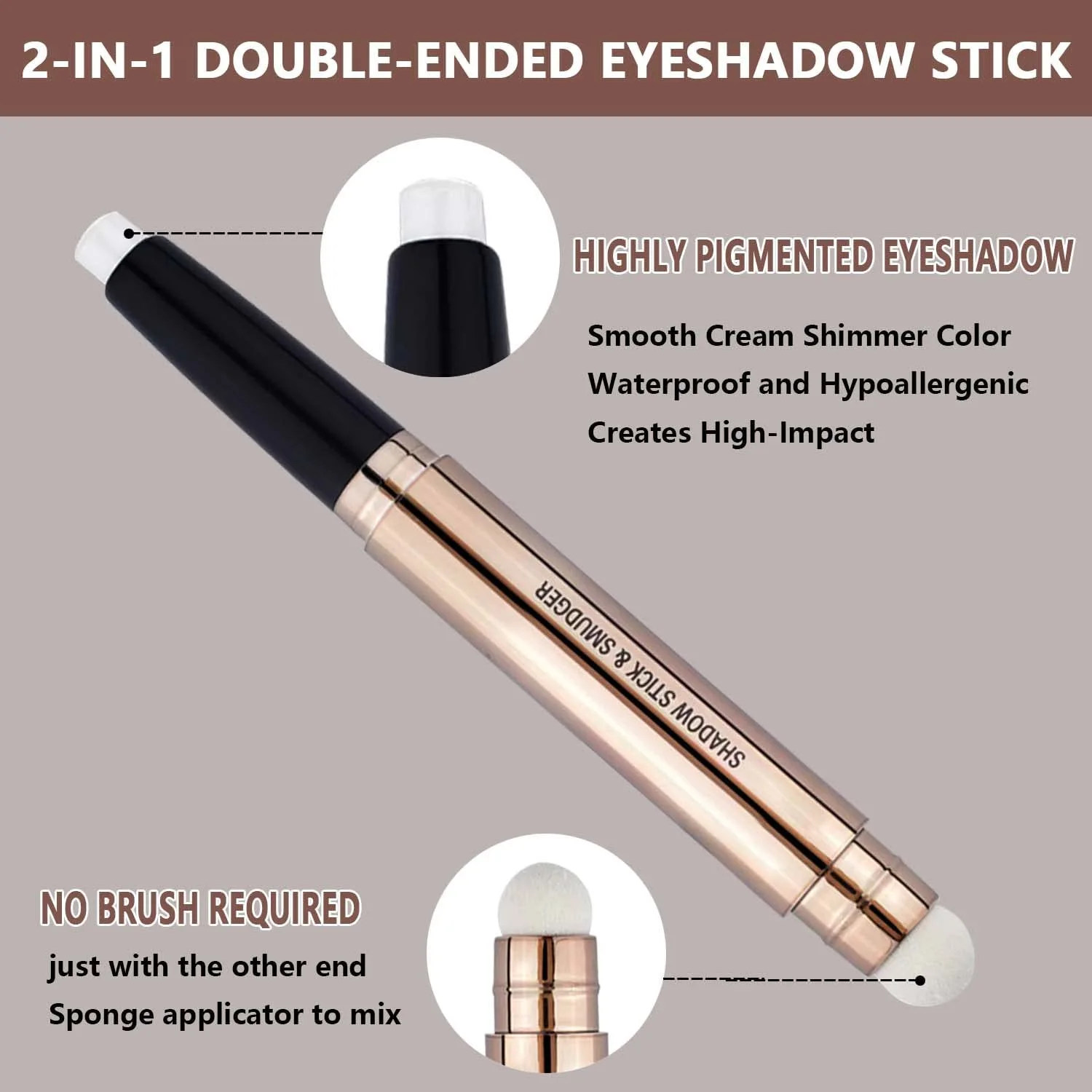 2 in 1 eyeshadow stick and Sponge Makeup Brush, Smooth Cream Shimmer Shadow Pencil Long Lasting Waterproof Eye Shadow Highlighter Stick Makeup, Hypoallergenic Multi-Dimensional eyes Look