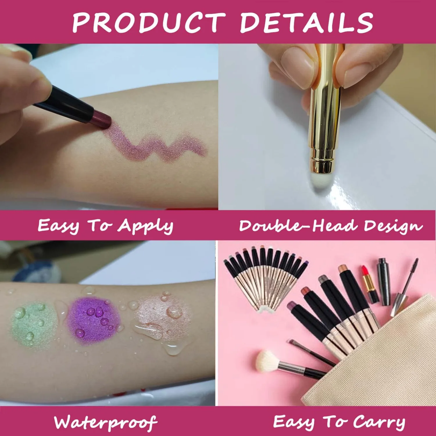 2 in 1 eyeshadow stick and Sponge Makeup Brush, Smooth Cream Shimmer Shadow Pencil Long Lasting Waterproof Eye Shadow Highlighter Stick Makeup, Hypoallergenic Multi-Dimensional eyes Look