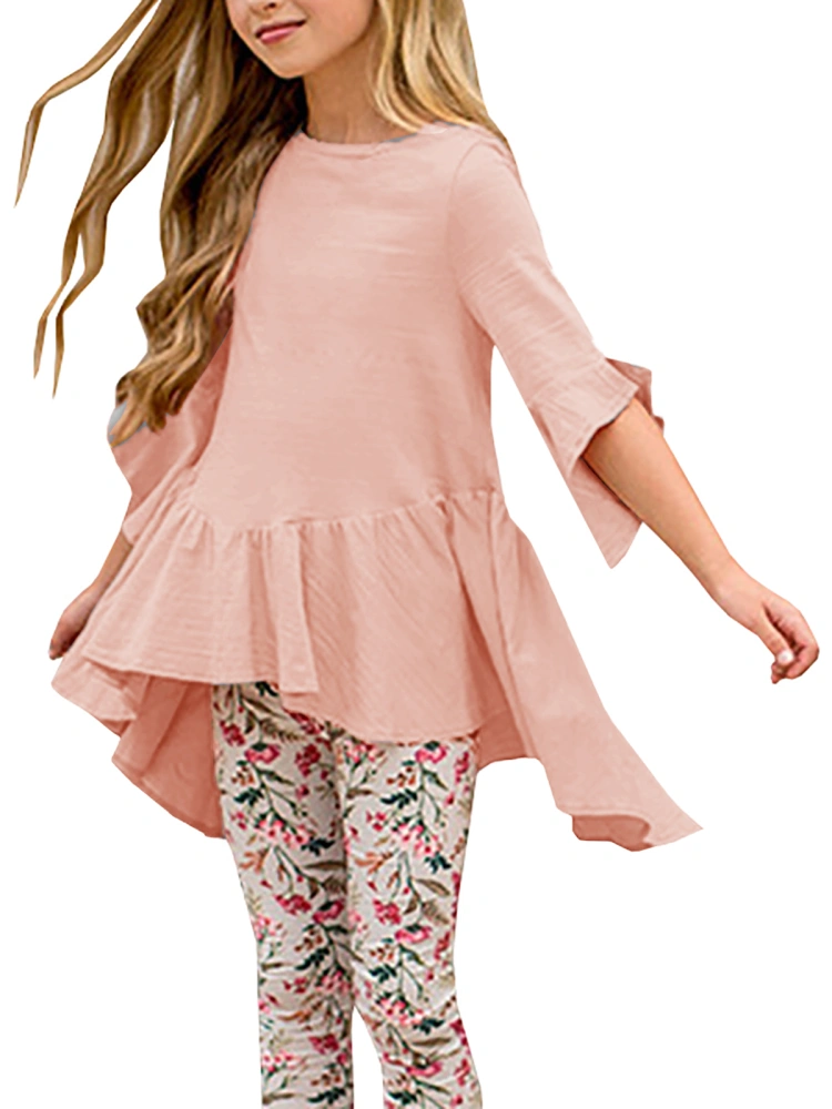 Caitefaso Girls Cute Shirts Summer Fall Ruffle Tunic Tops 3/4 Sleeve High Low Slim Blouses Tee 3-9 T