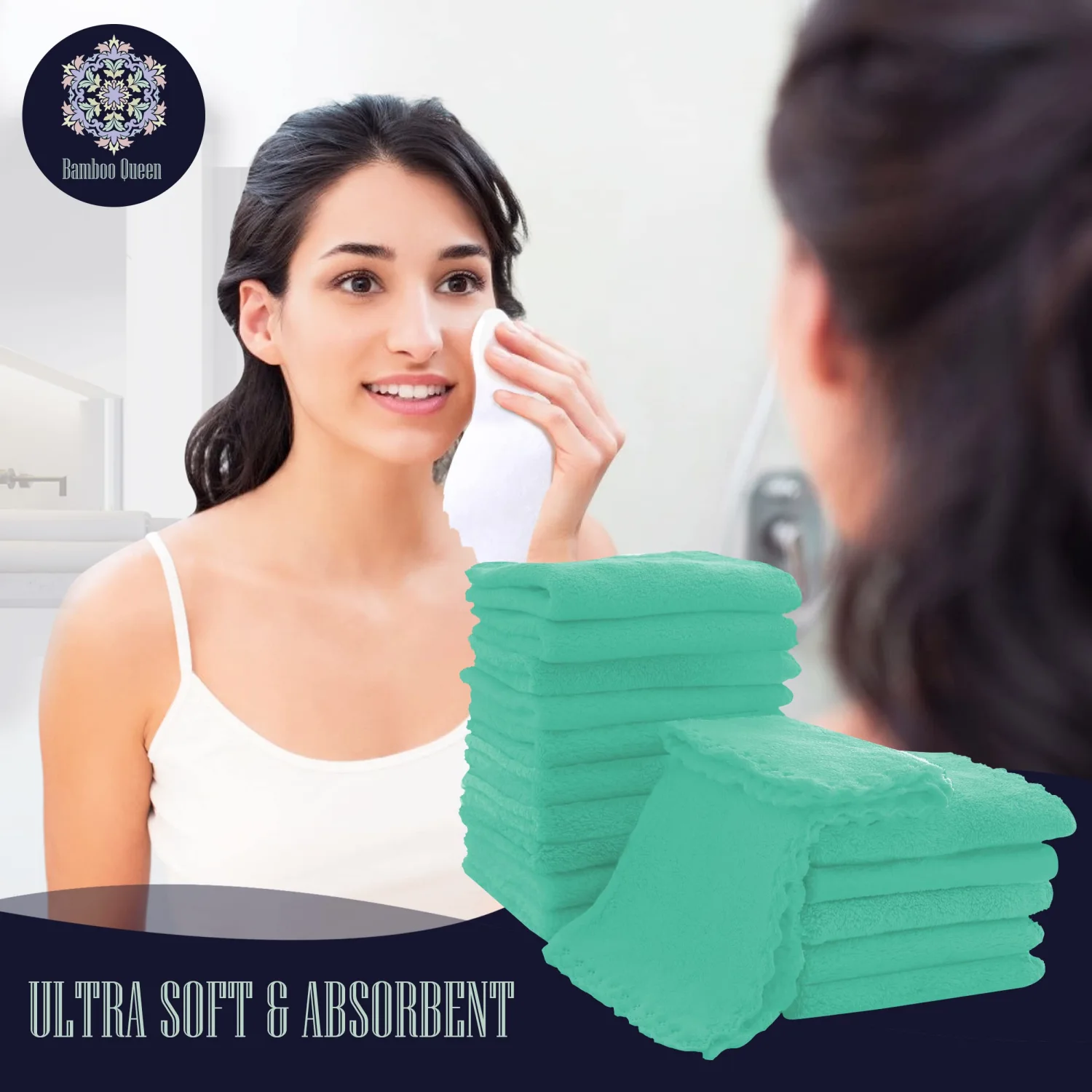 BAMBOO QUEEN 16 Count Premium Makeup Remover Cloths- Super Soft Not Wear Skin - 8×8 Inches - Reusable Makeup Remover Cloths - Highly Absorbent Microfiber Coral Velvet Face Towels Aqua Green, 8x8 Inch (Pack of 16)