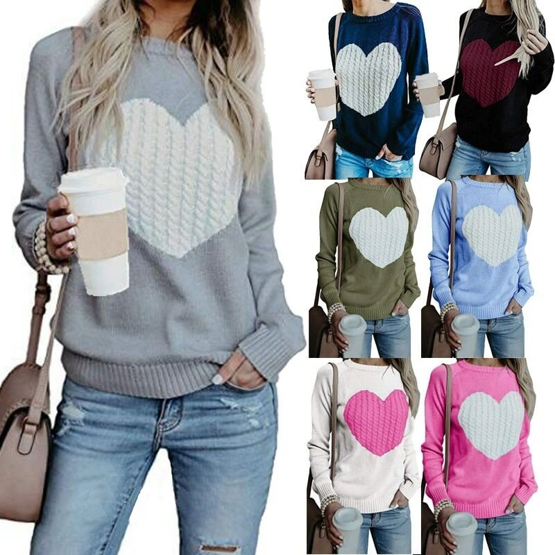 Nulibenna Womens Pullover Sweaters Knit Long Sleeve Cable Heart Patch Jumper Tops