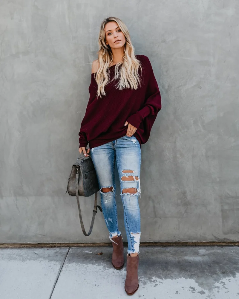 Women Cable Knit Off Shoulder Sweater Fall Oversized Tunic Pullover Sweaters