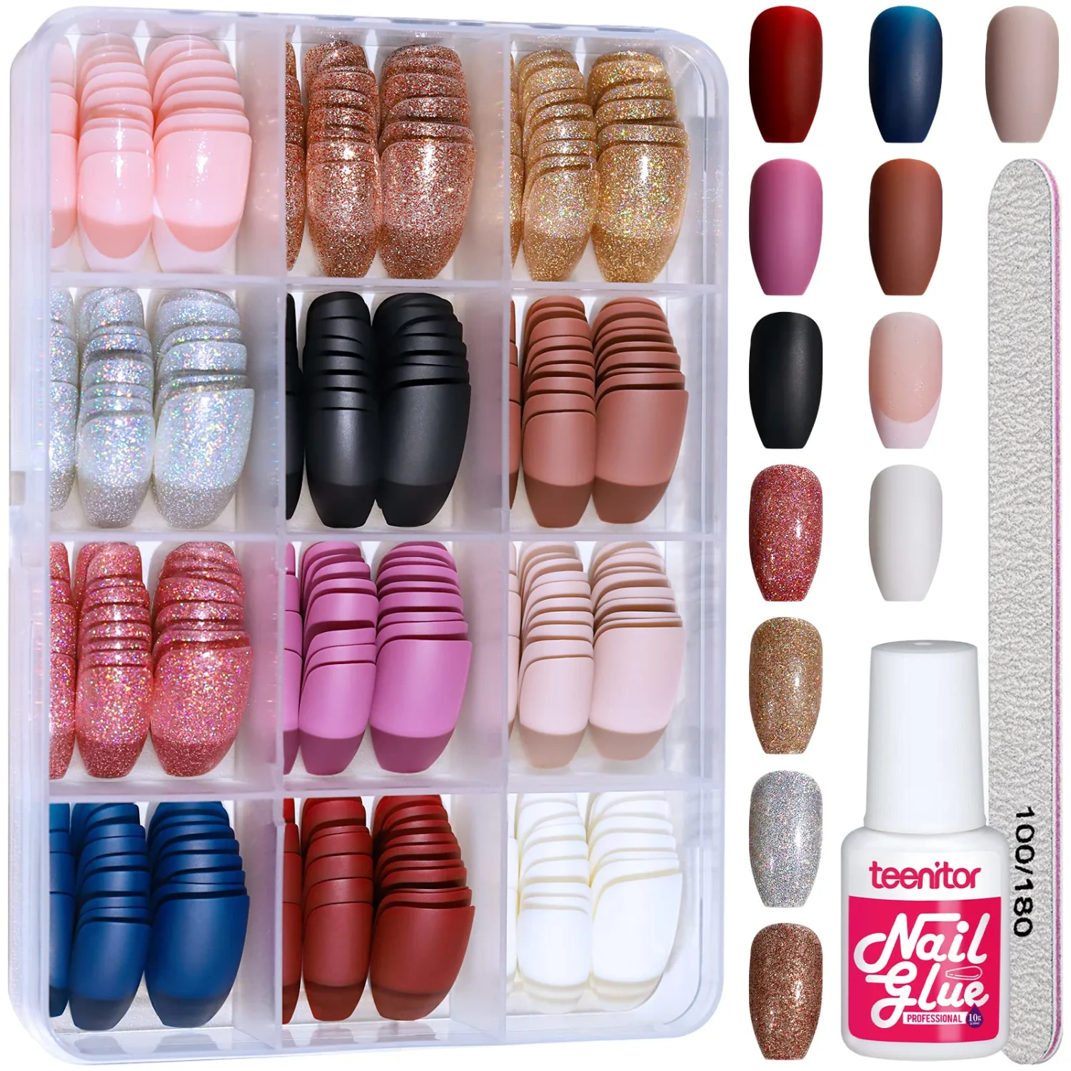 Teenitor Press on Nails,288PCS Matte Press on Nails Medium Length, Acrylic Fake Nails Full Cover, Ballerina Coffin Press on Nails,Glitter Press On False Nails