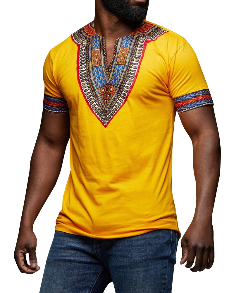 Makkrom Mens African Dashiki T Shirt Tribal Floral Print V Neck Slim Fit Shirts Tops