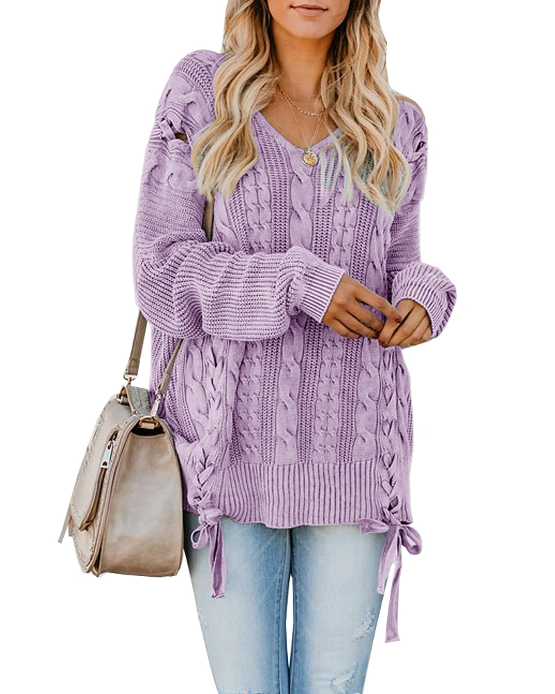 YeMgSiP Womens Plus Size Cable Knit Pullover Sweaters Oversized Chunky V Neck Long Sleeve Ribbons Up Side Jumper Tops