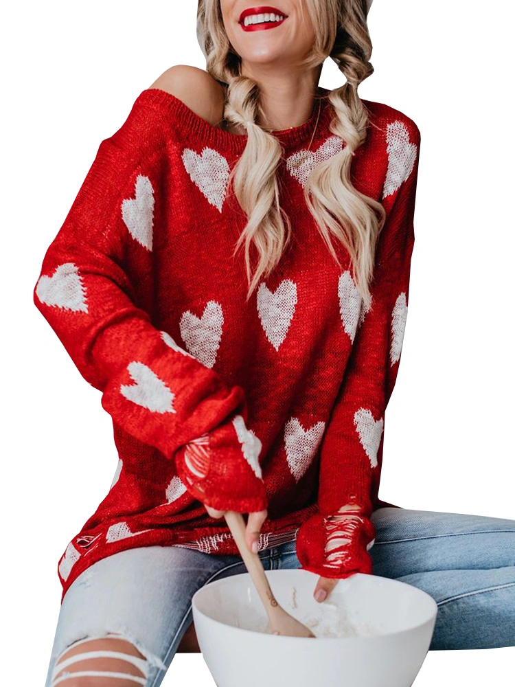 Chang Yun Women Off Shoulder Knitted Pullovers Sweater Loose Long Sleeve Hearts Printed Ripped Tops