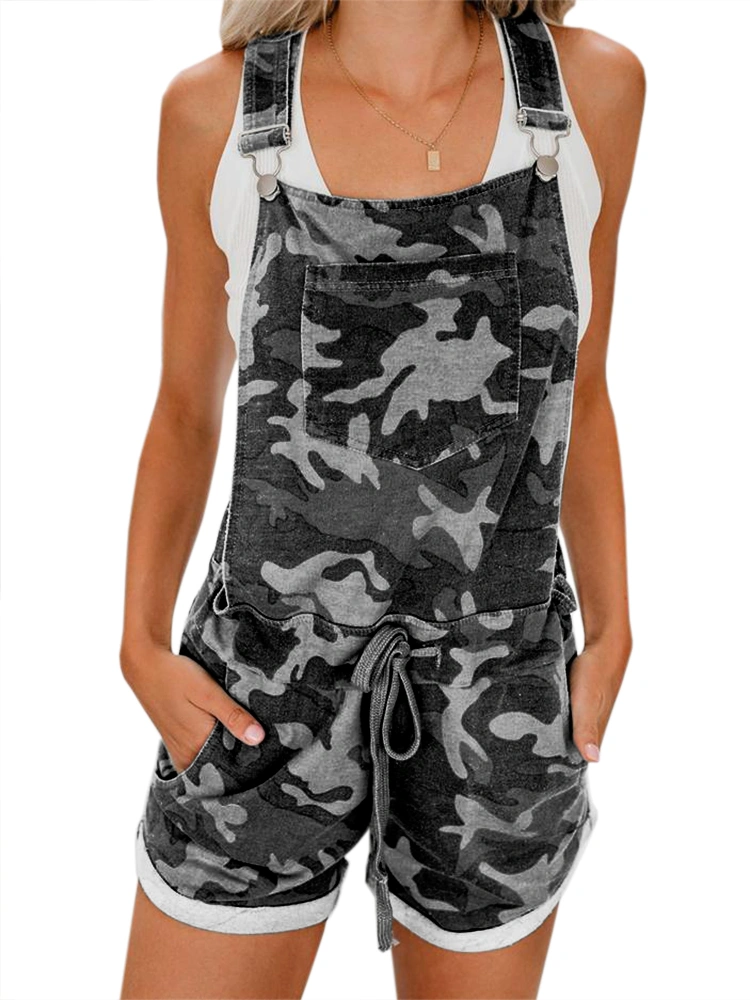 Women's Casual Fall Short Romper Summer Camo Overall Jumpsuit Striped Front Flap Pocket Shorts