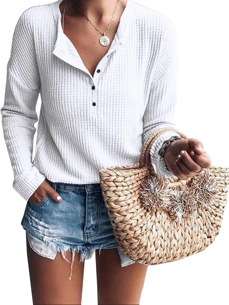 Womens Henley Shirts V Neck Long Sleeve Button Down Tops Warm Waffle Knit Tees