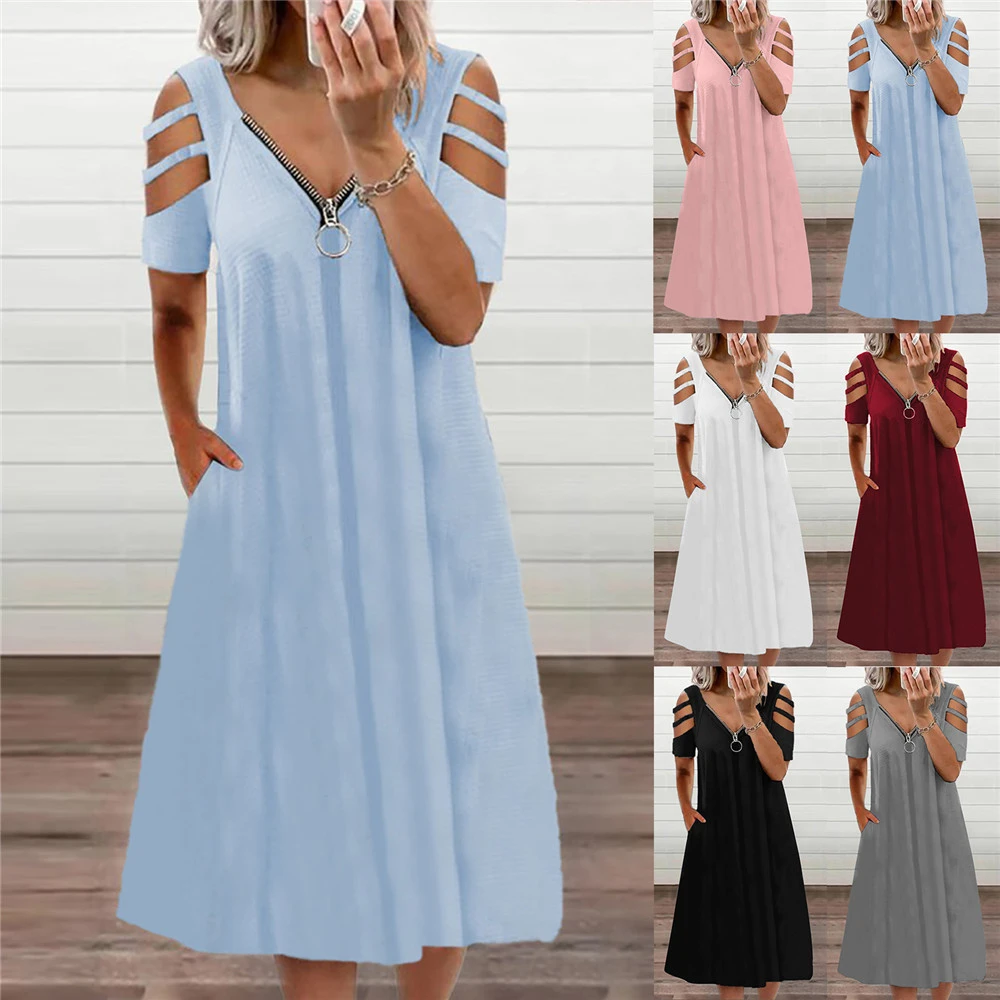 2023 Summer European and American Women's V-neck Sexy Solid Zip Short Sleeve Dress