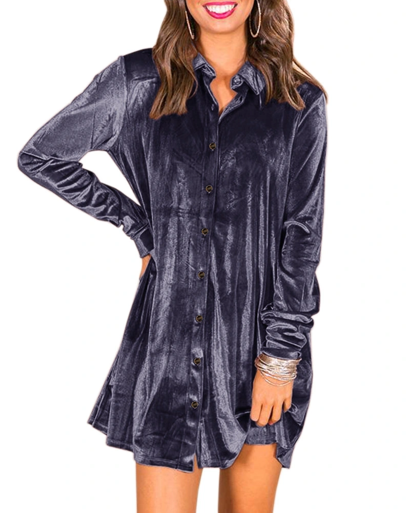 Caitefaso Womens Velvet Button Down T Shirts Swing Mini Dress Casual Long Sleeves Lapel Tunic Tops