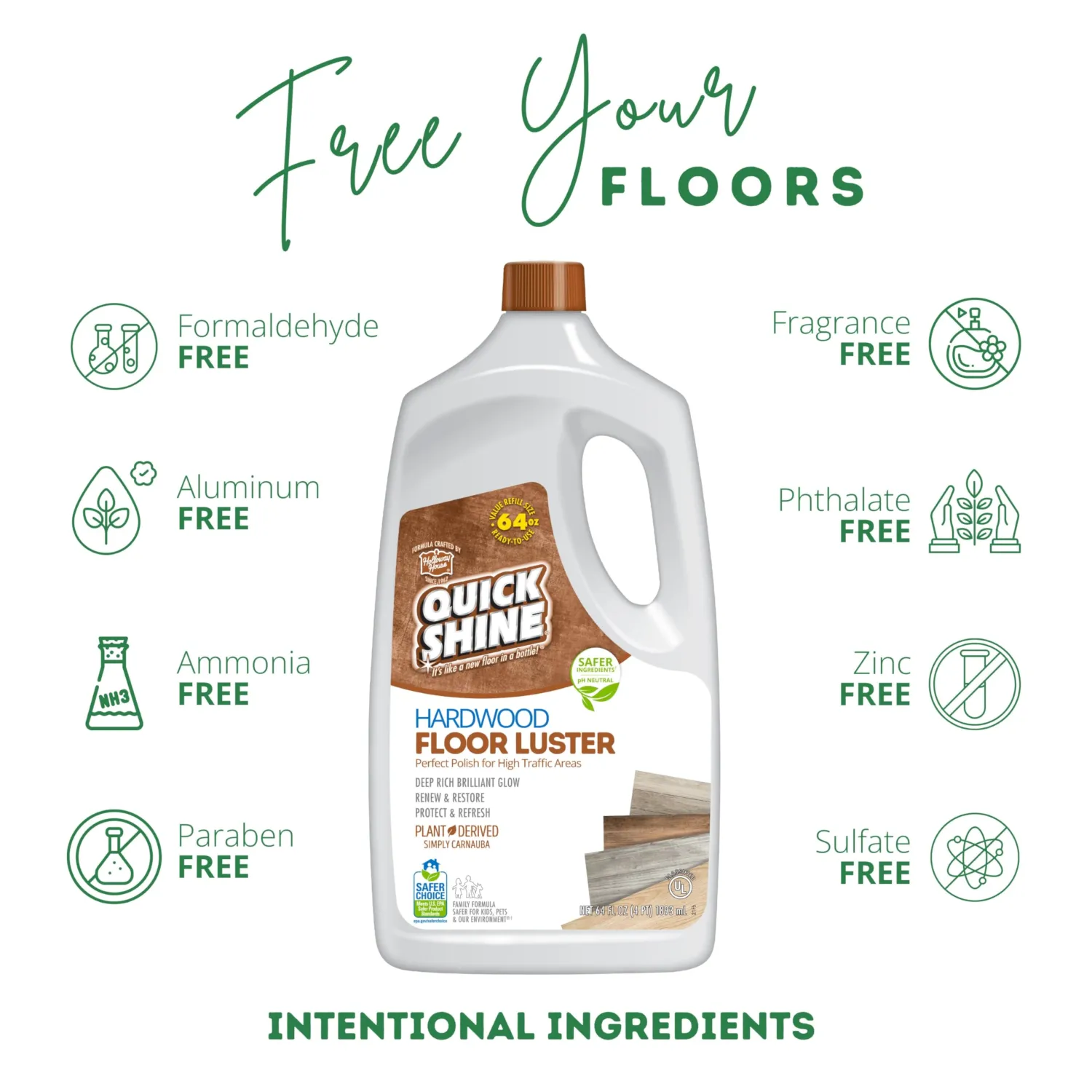 Quick Shine Hardwood Floor Luster 64oz | Plant-Based Cleaner & Polish w Carnauba | Simply Squirt & Spread | Don't Refinish It, Quick Shine It | Safer Choice Cleaner | Restore-Protect-Refresh