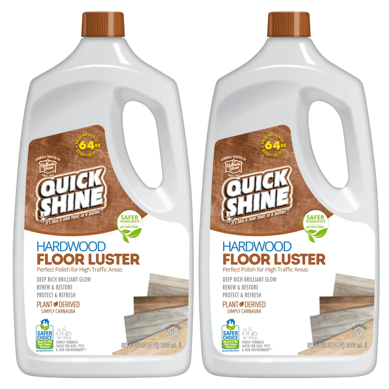Quick Shine Hardwood Floor Luster 64oz, 2Pk | Plant-Based Cleaner & Polish w Carnauba | Simply Squirt & Spread | Don't Refinish It, Quick Shine It | Safer Choice Cleaner | Restore-Protect-Refresh