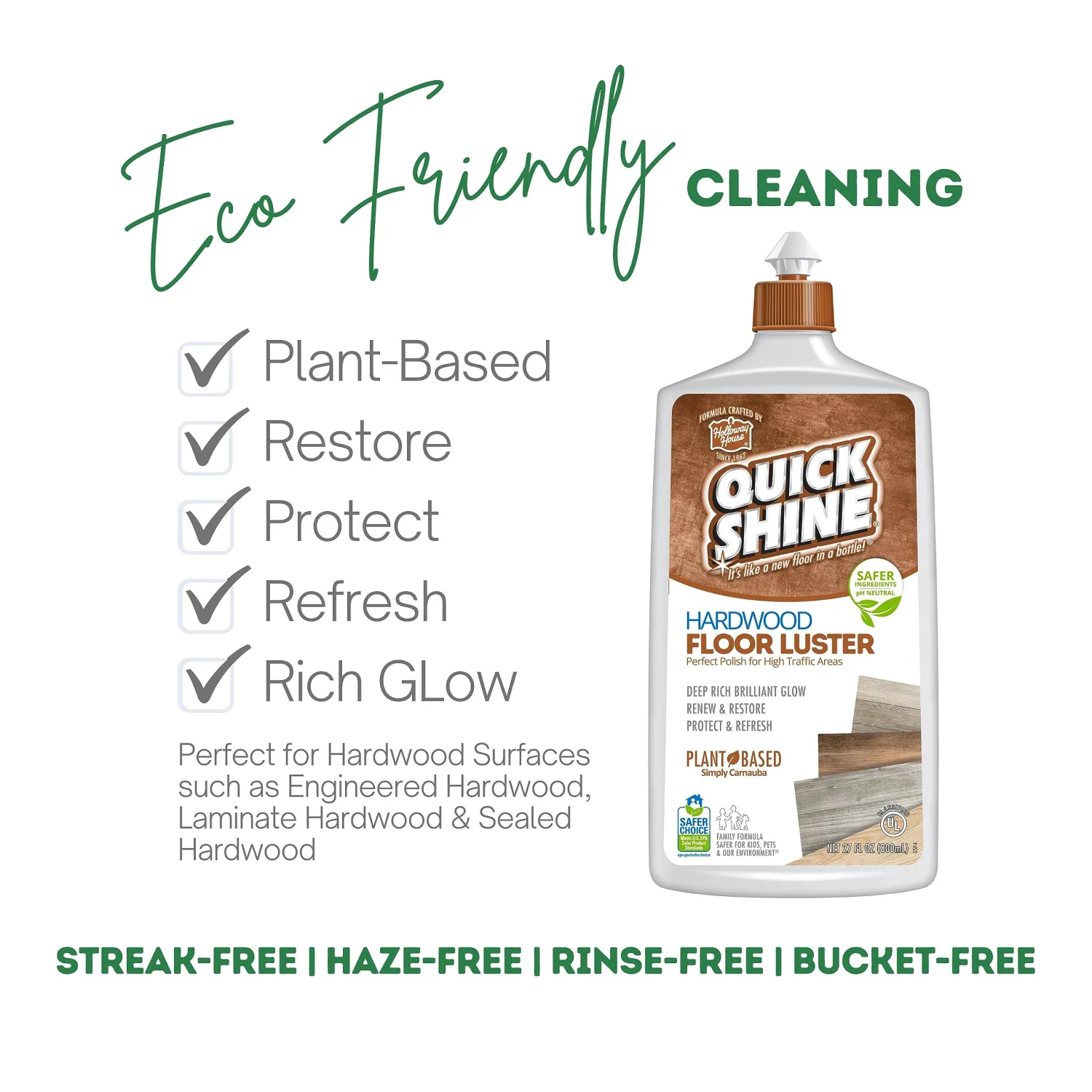 Quick Shine Hardwood Floor Luster 27oz, 6Pk | Plant-Based Cleaner & Polish w Carnauba | Simply Squirt & Spread | Don't Refinish, Quick Shine It | Safer Choice Cleaner Restore-Protect-Refresh